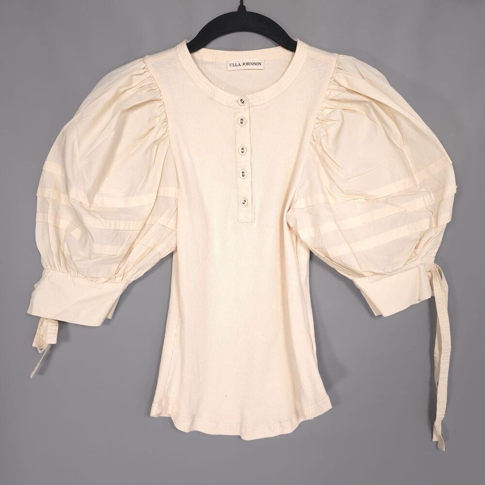 ULLA JOHNSON Iman Top Size P Cream Cotton Poplin Rib Knit Short‎ Puff Sleeves XS - Picture 7 of 16